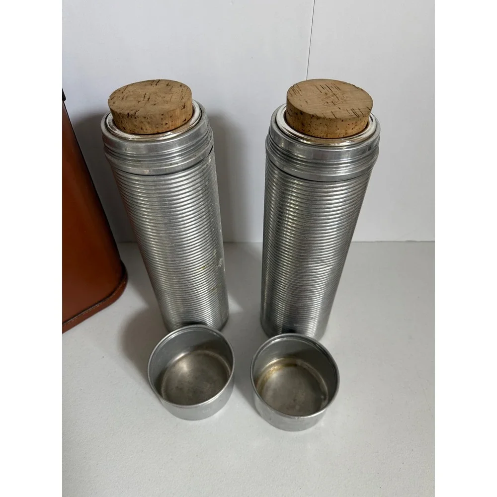 Vintage Thermos Aluminum Ribbed Flask Set Vacuum with Brown Leather Carry Case